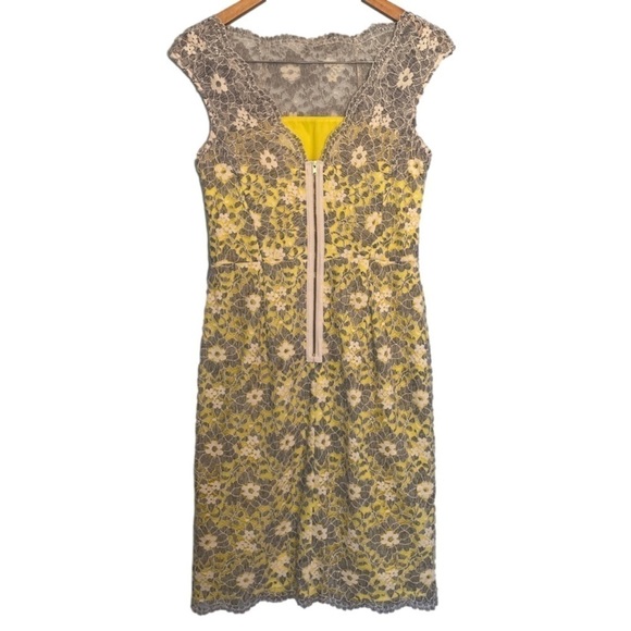 Maggy London Grey and Yellow Floral Lace Bodycon Boat Neck Midi Dress Sz 4 - Picture 2 of 7